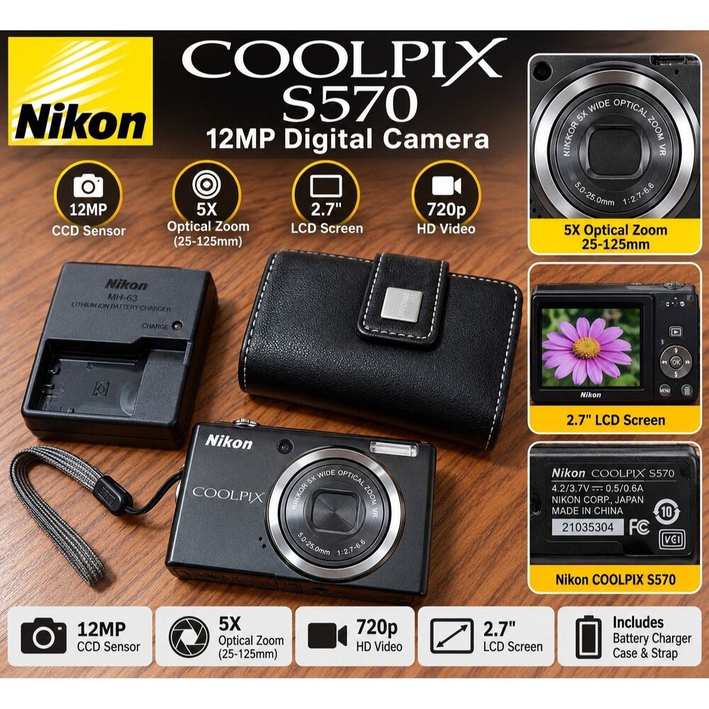 Nikon COOLPIX S570 12MP Digital Camera 5X Zoom Battery Charger Case